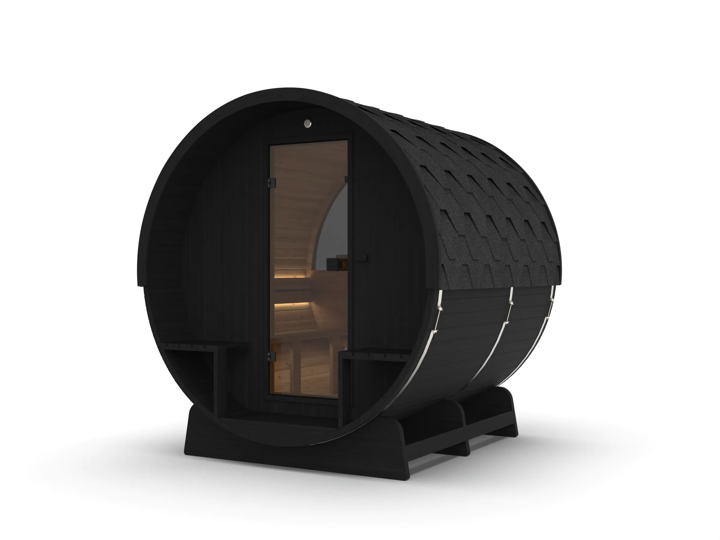 Hekla Barrel Nero sauna, half panoramic rear window, front three-quarter