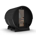 Hekla Barrel Nero sauna, half panoramic rear window, side