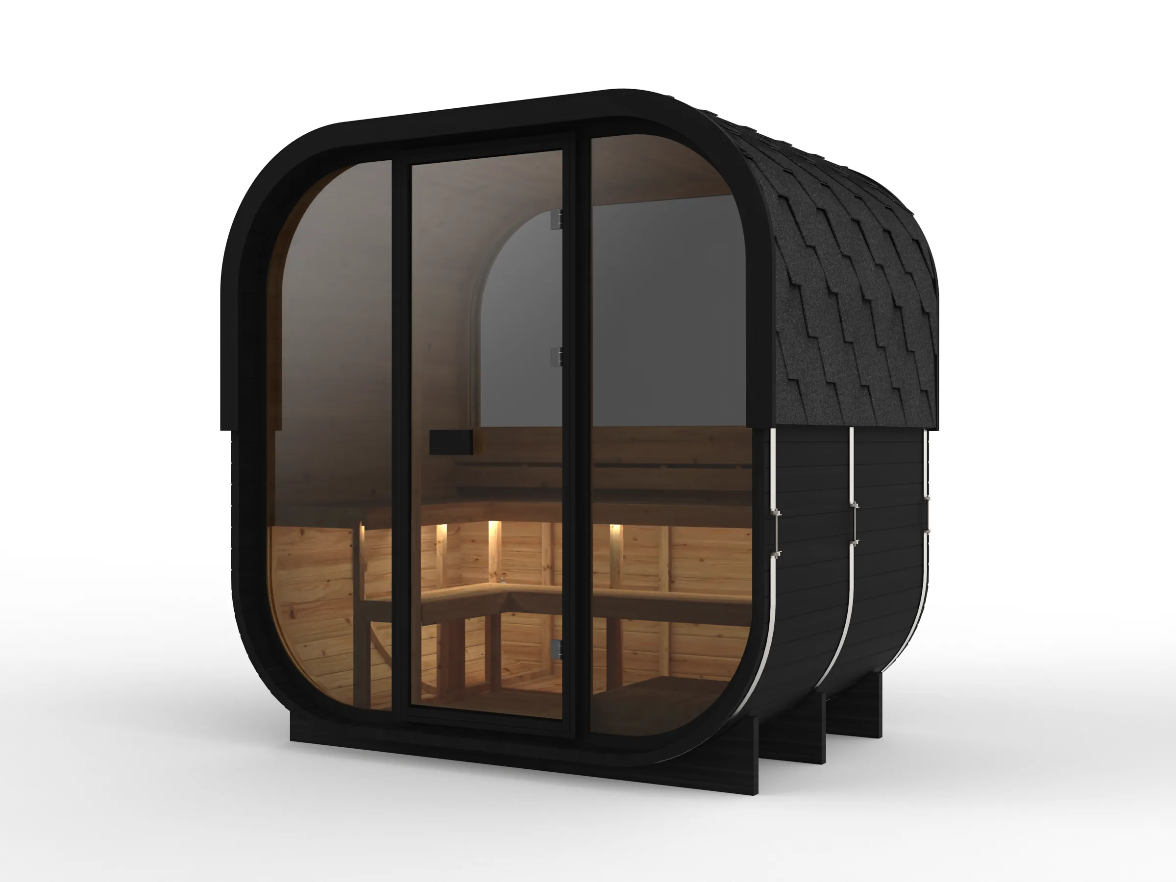 Hekla Cube Nero sauna, half panoramic rear window, front three-quarter
