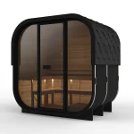 Hekla Cube Nero sauna, solid wood back, front three-quarter
