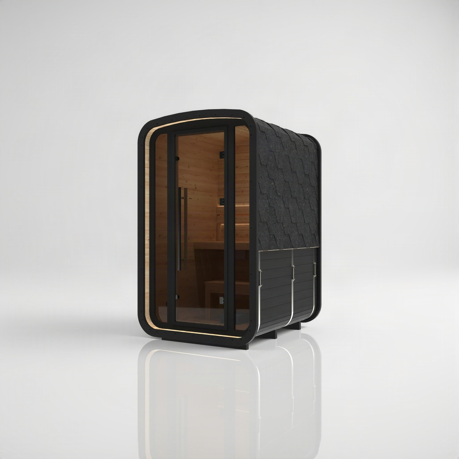Hekla Mini Cube outdoor sauna in Nero – three-quarter view